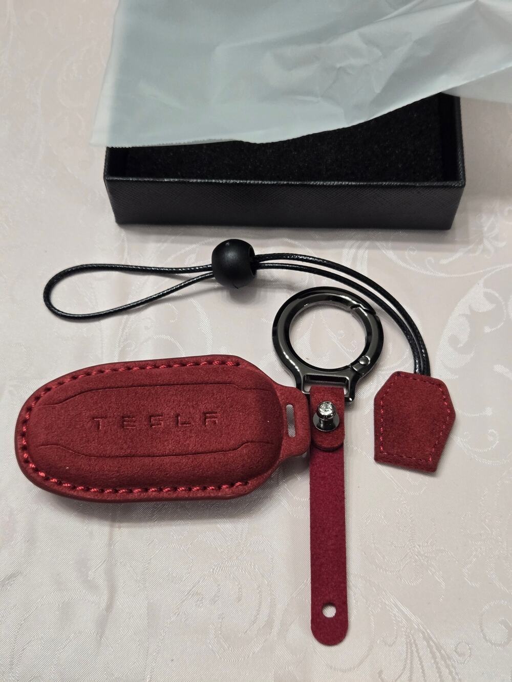 Key Fob Cover Case Red w/ Keychain Lanyard for a Tesla Model 3/Y Leather New